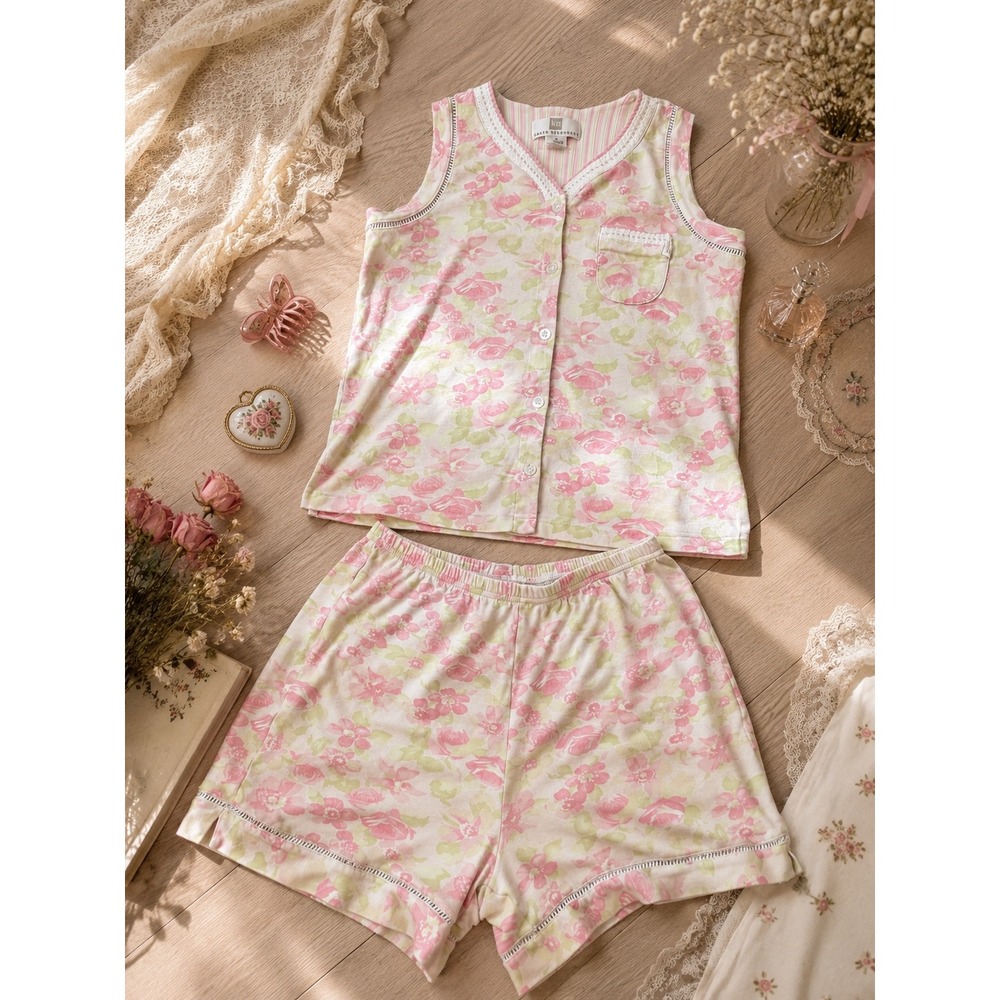 Vintage Pink Floral Rose Pajama Set Small Summer Coquette Cottagecore Romantic